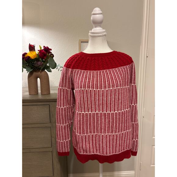 Talbots Petites | Red/White Cable Knit Cotton Blend Sweater | SP - Picture 3 of 10